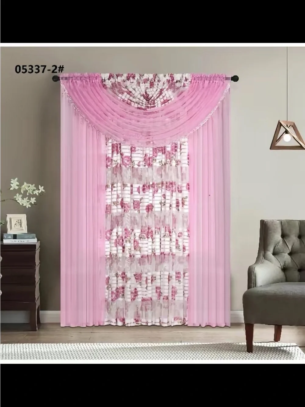 Pink Floral Layered Drapery Set with Sheer Scarf Valance